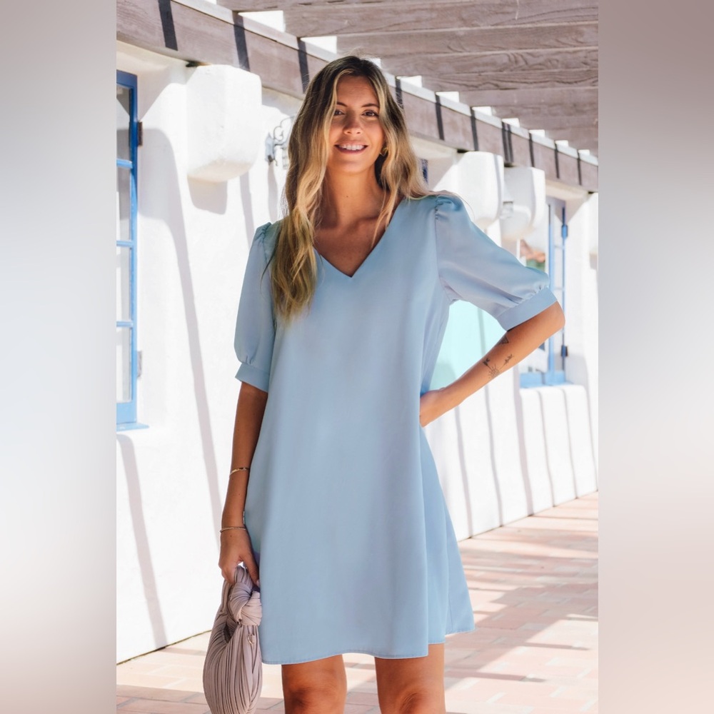 Soft blue V-neck puff sleeve mini dress